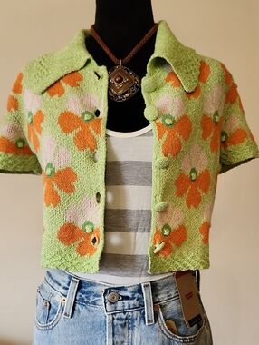 ZARA Floral Knit Crop Cardigan Green Button Front Cottagecore Women’s S